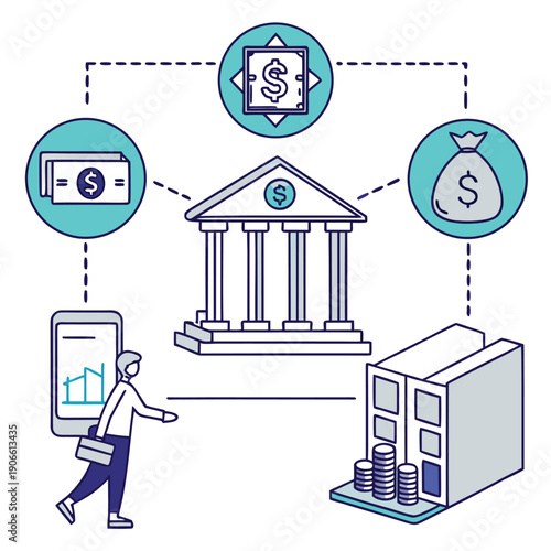 Set of vector business icons featuring cartoon people, robots, computers, machines, home and music symbols in a clean pixel art style