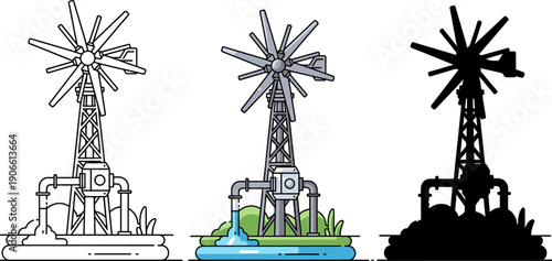 Windmill Water Pump System for Agriculture Vector Illustration
