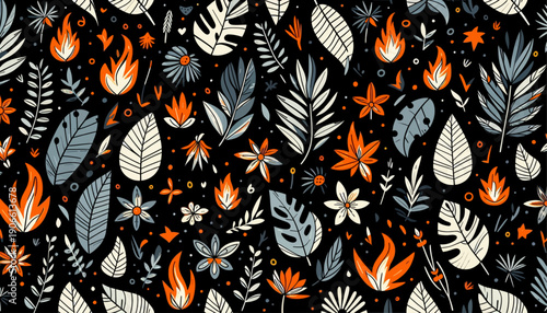 seamless floral pattern with fiery autumn leaves and decorative vintage nature elements for wallpaper and textile design