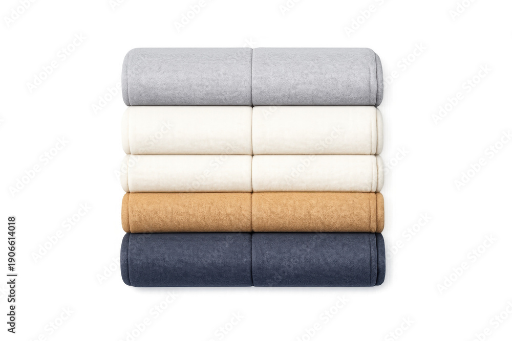 Obraz premium Stacked colorful towels on shelf with soft lighting