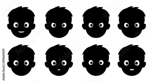 Boy character emotional reactions set social learning facial expression vector illustration