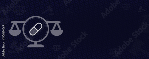 Pharmaceutical law and drug regulation pill icon with legal scale vector illustration copy space