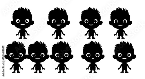 Cartoon boy facial expressions emotions chart for kids learning educational character vector set