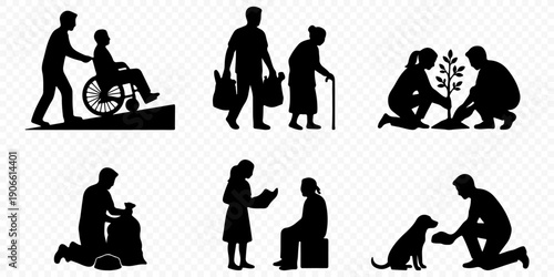 Volunteering and social care silhouettes set featuring disability assistance, helping elderly, tree planting, reading to children, and animal rescue isolated