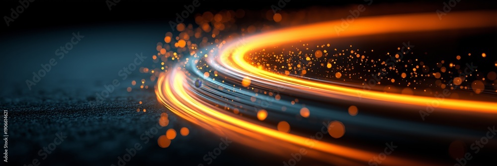 Obraz premium Glowing light trails creating abstract energy flow on black. Abstract glowing light trails with particles showing dynamic energy and speed. Abstract wallpaper