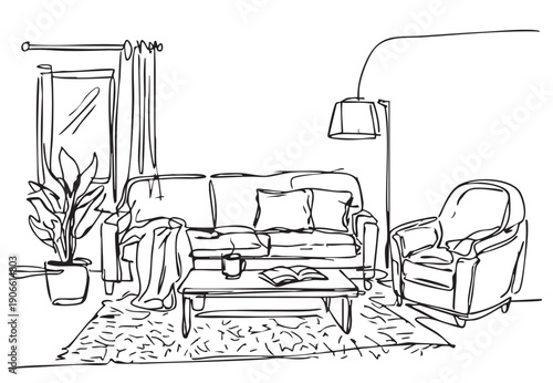 Doodles sketch cozy living room with blankets and pillows