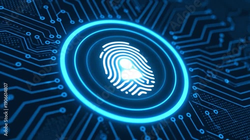 Glowing blue fingerprint graphic with person inside, set against a circuit board design