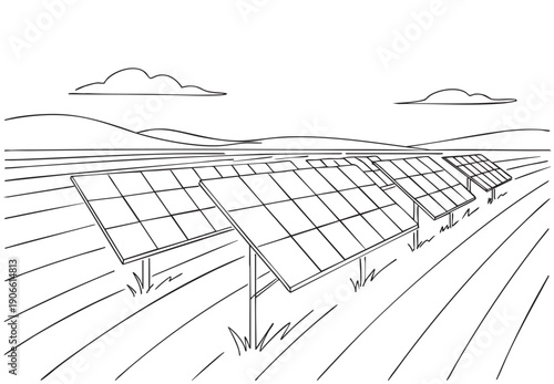 line sketch alternative fuel solar panel in fields