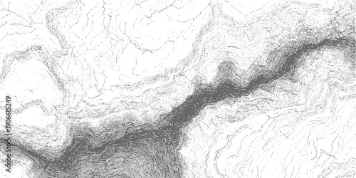 Detailed topographic contour lines illustrating a complex mountain range with a central valley or riverbed