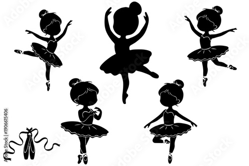 Cute Cartoon Ballerina Girls Dance Silhouette Vector Collection with Ballet Shoes and Graceful Poses in Black and White Design.