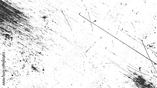 Black ink splatters and scratches on a white textured background