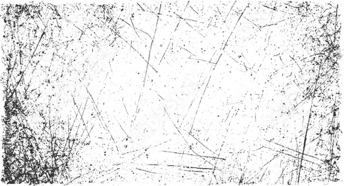 Black ink splatters and thin scratches on a white textured background