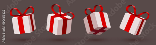 Dynamic 3D gift boxes with red ribbons.