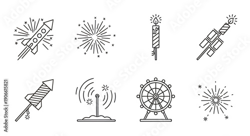 Fireworks icons set, including rockets, explosions, and carnival rides, line art style, for celebration or party design, Isolated on transparent background, png