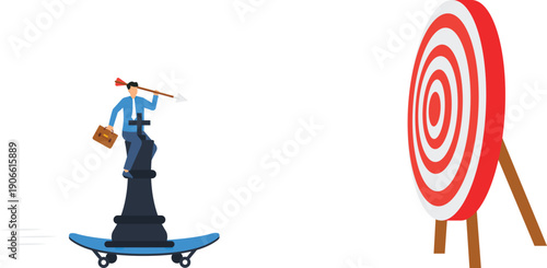 Businessman riding skateboard moving towards target aiming success goal achievement focus competitive advantage corporate planning flat design modern concept chess piece arrow shooting