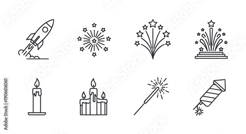 Fireworks icons set, including rocket, sparkler, and candles, for celebration or party decoration, isolated on transparent background, png