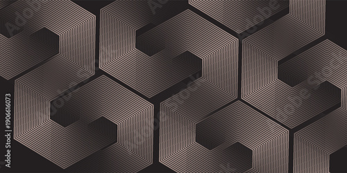 3D brown lines techno abstract background overlap layer on dark space with hexagons effect decoration. Modern graphic design element stripes style concept for web banner, flyer, card or brochure cover