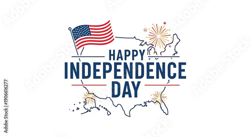 Happy Independence Day USA celebration vector graphic, American flag, fireworks, map, patriotic banner or poster