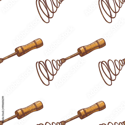 Hand drawn vintage seamless pattern of spiral kitchen whisk with wooden handle in color, cooking utensil illustration