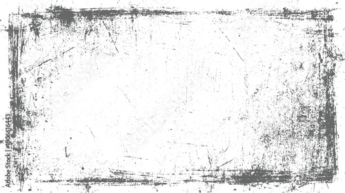 Grungy distressed rectangular frame with scattered speckles and scratches on white background grunge