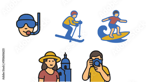 A colorful illustration of people enjoying various leisure activities and travel