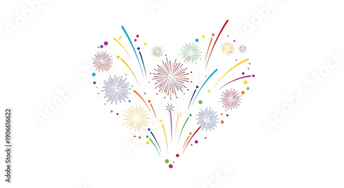 vector heart shaped fireworks explosion, colorful sparkler illustration, celebration or party decoration, overlay effect for banner or poster, Isolated on transparent background, png