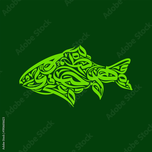 A vibrant green fish with intricate tribal design on dark background