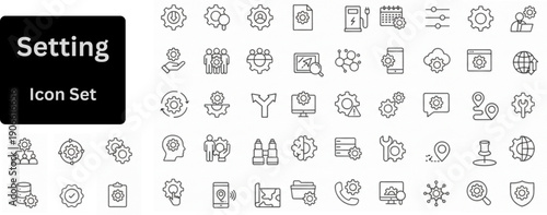 Setting line icon set contains configuration, technology, process, maintenance, installation, engineering, mechanism, customization, optimization. Outline icons set. 