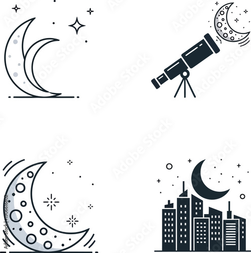 Celestial observation involves using a telescope to view the crescent moon.