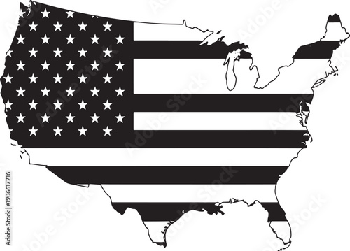   United States map outlined with American flag stars and stripes in black and white monochrome, symbolizing patriotism and national identity.