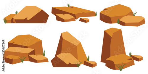 Desert rocks formation illustration with grass for background, environment landscape. Vector isolated.