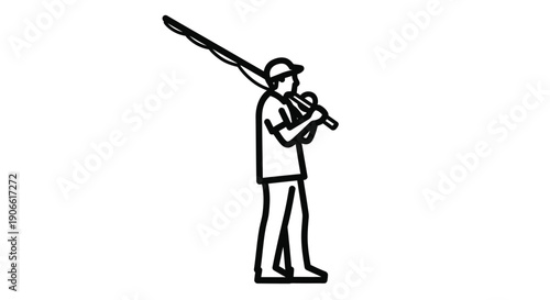 Simple black and white line drawing of a fisherman with a fishing rod
