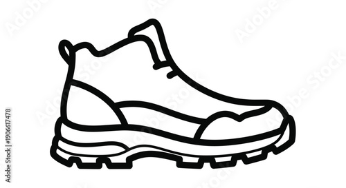 Simple black and white line drawing of a single hiking boot