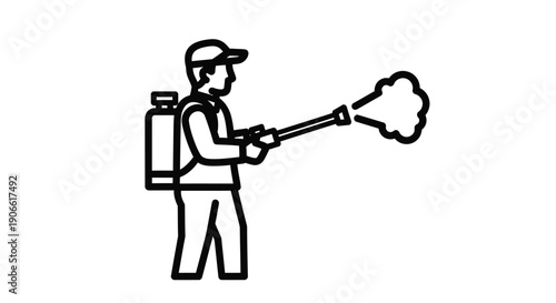 Line art illustration of a person disinfecting with a sprayer