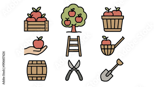 Apple vector icons set including tree, fruit, basket and gardening tools