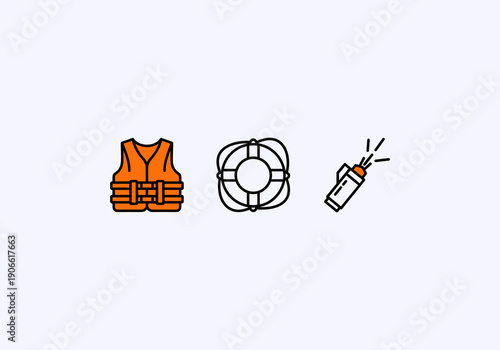 Vector Ilustration idea Concept Essential Water Safety Gear - Life Vest, Ring Buoy, and Flare Gun.