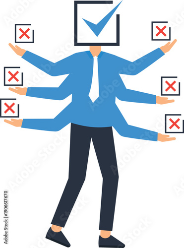business person, multitasking concept, task management, complex decisions, overwhelming workload, multiple arms, checkmark head, corporate efficiency, 