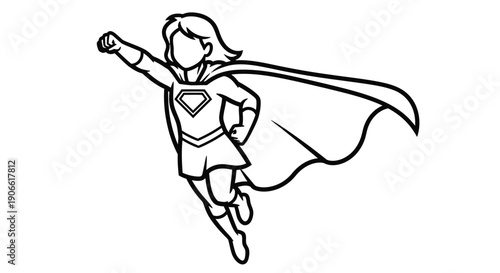 Line art illustration of a superheroine in a dynamic flying pose
