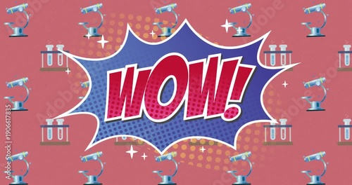 Wow text on speech bubble against test tube and microscope icons