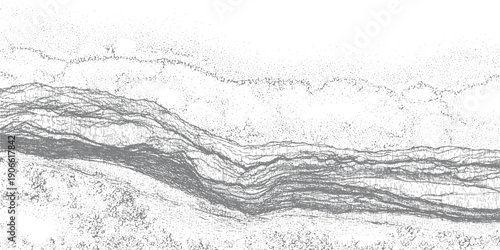 Abstract grayscale landscape with layered geological strata and stippled sky