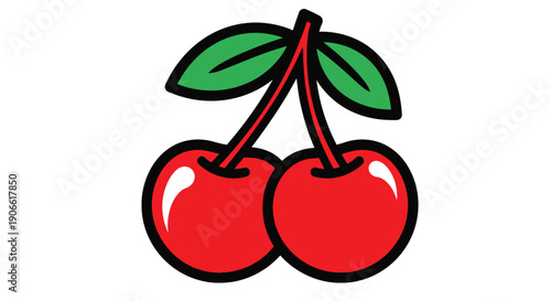 A simple illustration of two bright red cherries with green leaves