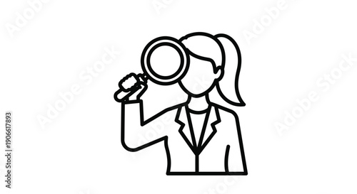 Line art illustration of a woman examining with a magnifying glass