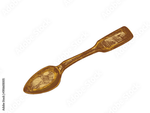 Hand drawn vintage sketch of antique spoon with bronze color and wide handle, isolated vector illustration set