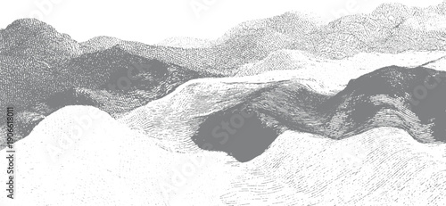 Abstract grayscale landscape with textured rolling hills and valleys