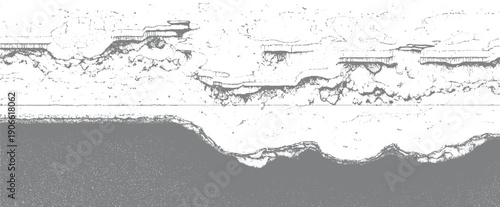 Abstract grayscale textured landscape with layered geological formations and a solid gray base