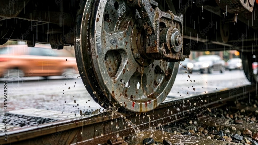 Fototapeta premium Rainy Day Railway Wheel Spinning Wet Track