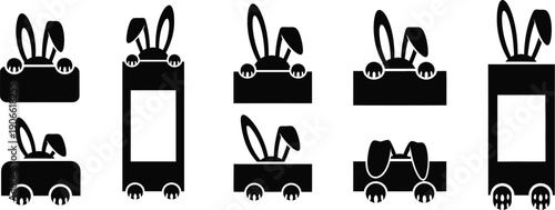 Blank placard Easter bunny ears and paws peeking over a placard vector silhouette. 