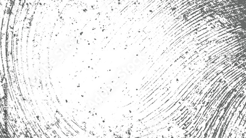 Grayscale distressed textured background with circular brush strokes and scattered speckles grunge abstract