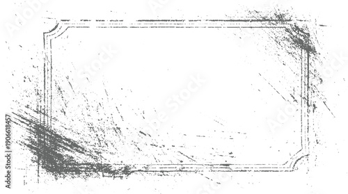 Distressed grey rectangular frame with textured grunge splatters and scratches on white background border