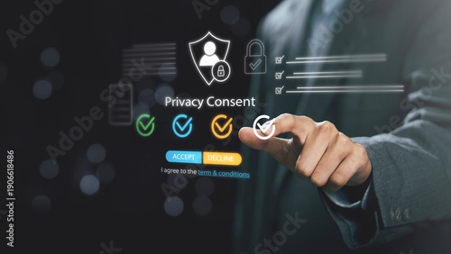 Obraz na plátně Business professional approving privacy consent on digital interface, data protection and cybersecurity concept, user agreement, personal information security and online terms approval